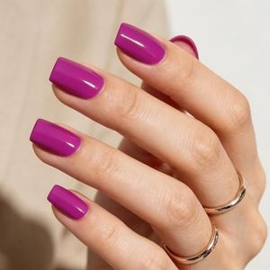 Modelones Press on Nails 32pcs, Fuchsia Short Square Fake Nails Kits in 16 Sizes Reusable Includes Nail Glue Mini Nail File Perfect for Women Girl Home Manicure