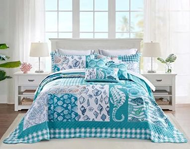 HZ & HY Coastal Oversized King Bedspread 128x120 Extra Wide, Lightweight Beach Bedding Nautical Quilt, Real Stitching, Reversible, 6 Piece, 100% Microfiber, King/California King, Seahorse