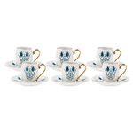 Karaca Iznik Porcelain Coffee Cup and Saucer Set - White Gold Handle Small Turkish Coffee, Espresso, Cappuccino, Tea Cups - Set of 6, 90 ml