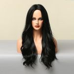Hymaa Long Black Wavy Wigs for Women Wig Body Middle Part Hair Heat Resistant Wig Synthetic Natural Looking for Daily Party Use(Black,26 inch) Free Wig Cap