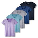 5 Pack: Womens Quick Dry Fit Dri Fit Active Wear Yoga Workout Athletic Tops Essentials Clothes Running Gym Zumba Exercise Ladies Short Sleeve Crew Scoop Neck Moisture Wicking Tees T-Shirt - Set 7,L