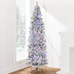 Best Choice Products Flocked Pencil Christmas Tree, Pre-Lit Slim 4.5ft Artificial Holiday Decoration, 2-in-1 White & Multicolor Lights, Lighted Decor