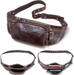 Top Grain Genuine Leather Slim Waist Pack for Man & Woman, Vintage Design & 4 Zipper Pockets & Adjustable Strap, Handmade, Large Capacity Fanny Pack Crossbody Belt Bag for Travel or Ride, Dark Coffee