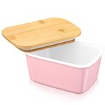 LOVECASA Butter Dish, Porcelain Butter Container with Wooden Bamboo Lid, French Butter Dish,Removable Silicone Seal, 500ml Pink