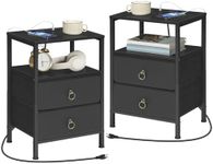 HOOBRO Nightstands with Charging Station, Set of 2, Bedside Tables with 2 Fabric Drawers, Side Tables with Outlet and USB Ports, End Tables with Open and Hidden Storage, Black BB110UBZP201