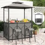 TANGZON 3PCS BBQ Grill Gazebo with Outdoor Bar Set, Patio Gazebo Canopy with Tempered Glass Bar Table, 2 Bar Stools, Storage Shelves, Glass Holders, Double-roof Gazebo Sun Shelter for Garden (Grey)