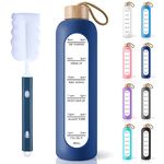 PROBTTL 32 Oz Borosilicate Glass Water Bottle with Time Marker Reminder Quotes, Leak Proof Reusable BPA Free Motivational Water Bottle with Silicone Sleeve and Bamboo Lid (Navy blue)