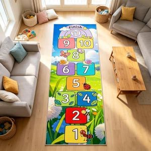 Kids Hopscotch Runner Rug, 4x12ft，Colorful Number & Cute Bug Play Carpet