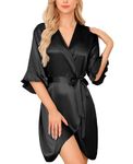 Lovasy Silk Dressing Gown for Women UK Short Ruffle Satin Robe Bride Bridesmaid Robe Soft Silk Robe Satin Dressing Gown Summer Kimono Dressing Gowns V-Neck Satin Silky Bathrobe,Black,M