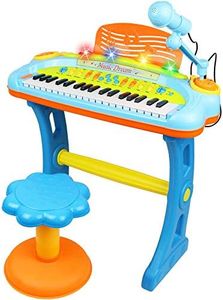 Electronic 37-Key Toy Piano Keyboard for Kids with Real Working Microphone, Colorful Lights and Stool