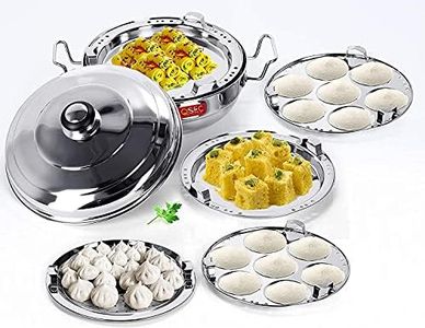 QSEC QE-5H Stainless Steel Idli Cooker Multi Kadai Steamer with sandwich Bottom induction dhokla cooker All-in-One Big Size 5 Plate 2 Idli | 2 Dhokla | 1 Patra | Momo's | 3 in 1 | 285 mm Dia.