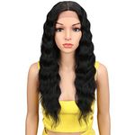 Joedir Lace Front Wigs 24" Long Wavy Synthetic Wigs for Women 130% Density Heat Resistant Synthetic Hair Wig(NATURAL BLACK)