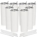 8 Pack Stainless Steel Skinny Tumbler 20oz Double wall stainless Steel slim Insulated Tumbler with Straw, Bulk tumbler Vinyl DIY Gifts (White)