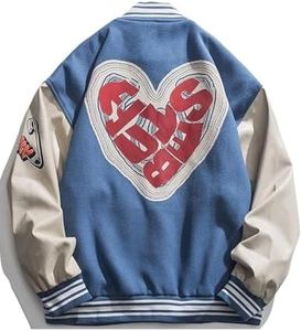 Vamtac Mens Varsity Baseball Jacket Letter Foaming Love Print Varsity Cotton Fur Coats Streetwear with Pocket Blue Small