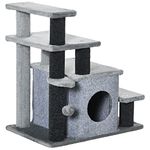 PawHut Dog Steps for Bed 4 Step Pet Stairs Cat House with Detachable Cover, Cat ladder for Sofa w/Hanging Balls - Grey