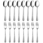 E-far 16-Piece Hammered Spoons and Forks Silverware Set, Stainless Steel 8 Dinner Forks and 8 Dinner Spoons, Modern Metal Flatware Cutlery for Restaurant, Dishwasher Safe-7.9 Inch