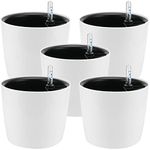 HEIHAK 5 Pack 7 Inch Self Watering Planter for Indoor Plants, White Decorative Round Plastic Self Watering Pots with Level Indicators for Soil Planting, Flowers, Herb, African Violet, Succulent