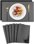 Faux Leather Placemats for Dining Table, Set of 6 Double-Sided Two Colors PU Mats for Kitchen, Washable, Non-Slip & Heat Resistant Table Mat, Gray & Black