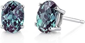 Peora Created Alexandrite Earrings for Women 14 K White Gold, Classic Solitaire Studs, Color-Changing 2 Carats Oval Shape 7x5mm, Friction Back