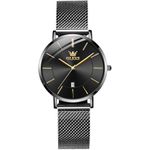 OLEVS Watches for Women Big Face Black Stainless Steel Mesh Belt Elegant Dresses Watch for Women Minimalism Ultra Thin Quartz Women's Watch Fashion Casual with Date Waterproof Ladies Watch