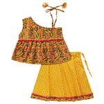 superminis Baby Girls Cotton Jaipuri Print One Side Off Shoulder Top/Kurti And Printed Lehnga/Skirt With Dori Closure Dress (Yellow, 6-12 Months)