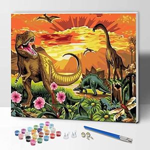 ifymei Dipingere con i Numeri per Bambini e Adulti Principianti, Kit Regalo da Disegno per Bambini e Bambine, Gioco Creativo per Bambini 6+ Anni - 30x40 cm - Con Telaio - Dinosauri