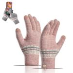 REFFER Women Wool gloves cute Snowflake Pattern Knitted (warm fur inside) stretchy windproof touchscreen finger winter gloves for women girls (Light Pink)