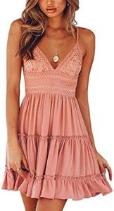 ECOWISH Summer Dresses for Women 2025 V-Neck Spaghetti Strap Bowknot Backless Sleeveless Lace Mini Swing Skater Dress Pink-1 Medium