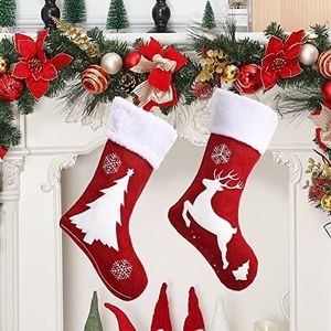 Festisoul 2pack Burlap Christmas Stockings, Red