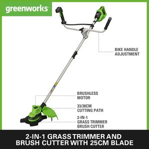 Greenworks 48V Cordless Brushcutter & Grass Trimmer – 38cm, Bike Handle, 2x24V Batteries
