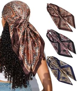 CHLINS 35" Satin Square Hair Scarf Bandanas 3Pcs Large Silk Head Scarves Lightweight Satin Hair Kerchief Sleeping Hair Wraps (Black+Pink+Yellow)