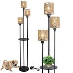 Boho Floor Lamp with Shelves, 3-Lights Rattan Tall Floor Lamp wiith Table, Rustic Farmhouse Standing Lamp with ON/Off Foot Switch&Rattan Shades, Stand Up Lamp for Living Room Bedroom Office Corner