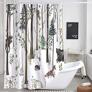 Rustic Forest Shower Curtain for Bathroom, Rustic Lodge Forest Cabin Shower Curtain Country Hunting Bathroom Curtain, Wild Animal Bear Moose Deer Fox in Forest Shower Curtain 36X70IN with 12PCS Hook