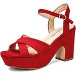 cthseie Women's Platform Wedges Heels Sandals Suede Block Chunky High Heel Ankle Strap Open Toe Comfortable Wedding Party Dress Pump Sandal, Red Suede, 10.5