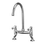 Traditional Kitchen Sink Bridge Mixer Tap Dual Ceramic White Handle Monobloc Tap Swivel Spout Chrome