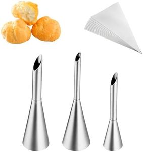 Kasmoire 3Pcs Cream Icing Piping Nozzle Tips,Stainless Steel Long Puff Nozzle Tip With 10Pcs Disposable Piping Bags,Puff Pastry Filling Cake Decorating Tools