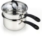 Cook N Home 02655 Professional Double Boiler Saucepan 2-Quart, 18-10 Stainless Steel Steam Melting Pot for Butter Chocolate Cheese, Tempered Glass Lid, Silver