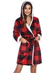 Hotouch Robe for Women Short Plush Hooded Robes Kimono Super Soft Fluffy Bathrobe Christmas Nightwear Red Plaid XL