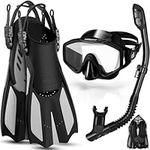 Odoland Snorkel Set with Diving Mask and Swim Fins, Wide View Dry Top Scuba and Flippers, Anti-Fog Anti-Leak Snorkeling Gear for Men Women Adult and Youth Black L