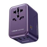 MOMAX Universal Travel Adapter,70W GaN Travel Plug Adapter with UK/EU/AU/US Plugs, 3USB-C PD & 2USB-A QC International Adapter Charger, Adapter Plug for Laptops Phones Vision Pro 1-World-Purple