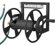 Artigarden Garden Wall Mounted Hose Reel, Outdoor Heavy-Duty Water Hose Holder Winder, Holds 125 Feet of 5/8-Inch Hose, with 3.9 ft Leader Hose, Brass Fitting and Storage Basket for Yard, Black