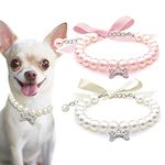 Casidoxi 2 Pcs Dog Cat Pearl Collar Necklace with Rhinestone Bone, Fancy Cat Wedding Collar Jewelry for Girl Cat Puppy Dogs Accessories(Pink+White)