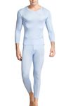 Grenasasilk Men's Silk Long Johns Mulberry Silk Long Underwear V-Neck Breathable Thermal Underwear Sets & Undergarments (S, Light Blue)