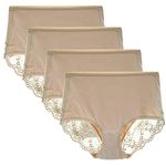 LIQQY Women's 3 or 4 Pack High Waist Comfort Cotton Lace Coverage Full Rise Briefs Underwear (Small, Nude)