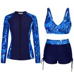 Women Rash Guard Swim Shirts Long Sleeve Three Piece Swimsuit Surfing Bathing Suit UPF 50 Blue Waves Printed XL Waves Floral