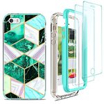 Jeylly iPhone 5/5S/SE Case with [2 Pack] Tempered Glass Screen Protector, Dual Layer Slim Stylish Marble Shockproof Anti-Scratch Drop Protection Rugged Case Cover for Phone 5/5S/SE 2016 - Dark Green