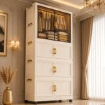 AYSIS Plastic Wardrobe for Clothes | 𝟒 𝐋𝐀𝐘𝐄𝐑 Foldable Storage Cabinet with Hanging Space, Transparent Magnetic Doors, Dustproof Portable Closet Organizer for Clothes/Kitchen/Books/Toy - White