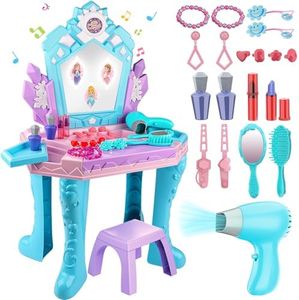 Toddler Frozen Vanity Table and Chair, Girls Magic Makeup Set with Mirror and Lights & Music, Kids Pretend Play Toys for 2 3 4 5 Year Old Girl Princess Dress Playset Birthday Gifts Ages 2-4 3-5