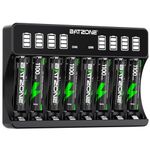 BATZONE Smart Battery Charger with 8 x AAA Batteries, Intelligent LCD Screen Battery Charger, for NI-MH/NI-CD Batteries, 8 Bays Individually Black Charger for AA AAA Rechargeable Batteries