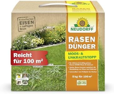Neudorff RasenDünger Moos- & UnkrautStopp – Rasendünger mit Eisen und Kalium sorgt für einen dichten, grünen Rasen ohne Moos und Unkraut, 5 kg für 100 m²